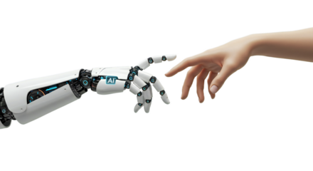 Robotic hand with illuminated AI symbol at wrist mirroring female hand, harmony of humanity and tech. Isolated on transparent background, png