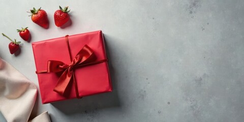 A red gift box tied with a satin ribbon rests on a neutral background, accompanied by several ripe strawberries.