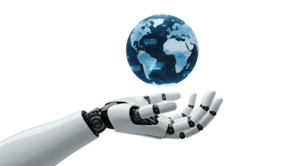 Minimalistic photorealistic scene: robotic hand outstretched lifting digital globe with hologram cues and blue lights, isolated on transparent background, png