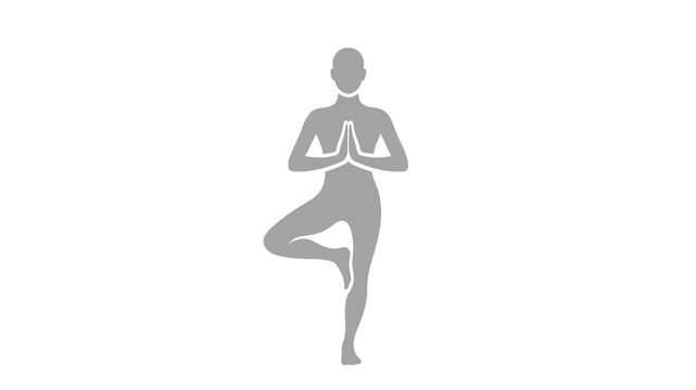 Minimalist Yoga Tree Pose Animation: A Grey Figure Finding Balance on a White Background