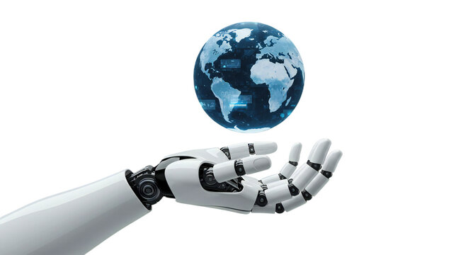 Minimalistic photorealistic scene: robotic hand outstretched lifting digital globe with hologram cues and blue lights, isolated on transparent background, png