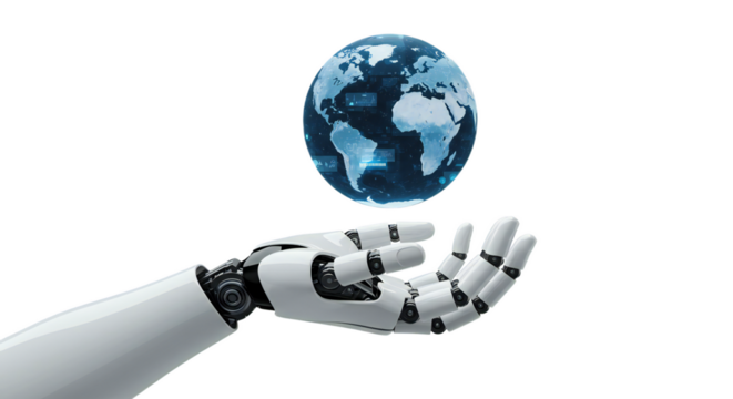Minimalistic photorealistic scene: robotic hand outstretched lifting digital globe with hologram cues and blue lights, isolated on transparent background, png - Powered by Adobe