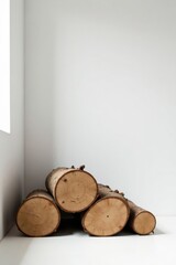 A serene arrangement of neatly stacked wood rounds against a minimalist white backdrop