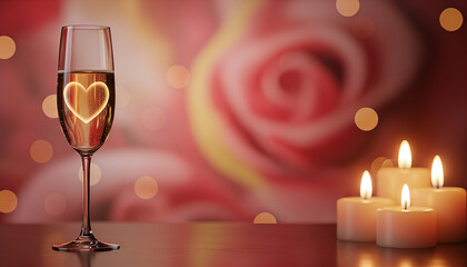 Glass of champagne with heart shape reflection and candles for Valentine's Day, space for text  