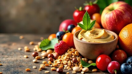 A Bowl of Creamy Nut Butter Surrounded by Vibrant Fresh Fruits and Roasted Legumes on a Rustic Wooden Surface