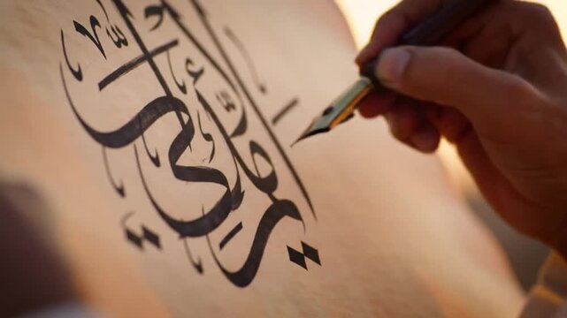 Calligraphers hand with quill writing on parchment with Arabic script
