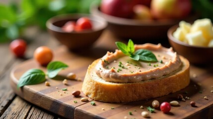 Gourmet Appetizer Creamy P?t? on Toasted Bread with Fresh Basil and Pine Nuts