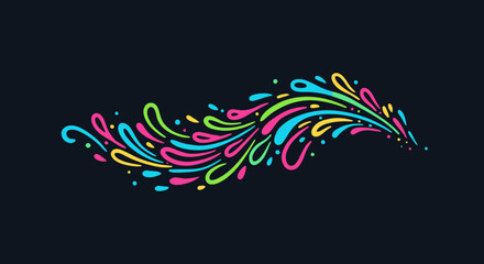A vibrant abstract design illustrating a dynamic, flowing splash of colorful paint droplets and fluid shapes, creating an energetic visual against a dark background.