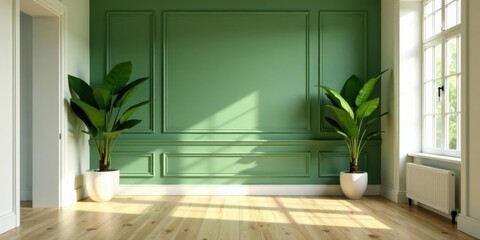 Serene Interior Design Sunlit Room with Lush Greenery and Elegant Wall Paneling