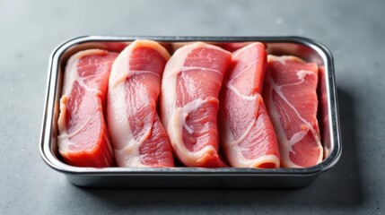 Raw Meat Slices in a Stainless Steel Tray Ready for Cooking