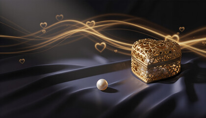 Golden heart-shaped box with pearl on dark satin background for Valentine's Day, space for text 