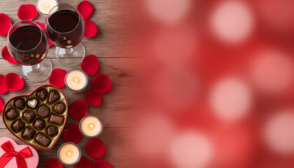 Romantic setting with red roses, wine, and chocolates for Valentine's Day, space for text  