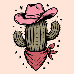 Cowboy Cactus with Pink Hat and Bandana Illustration