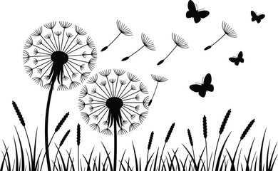 Black Silhouette Dandelions and Butterflies Flying in the Wind seed seeds