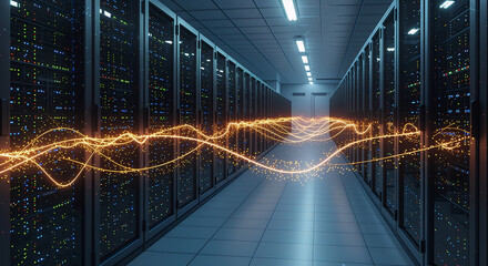 A dynamic, glowing orange light representing high-speed data transfer or network connection flowing through a long aisle in a modern data center with rows of illuminated server racks. Concept of cloud