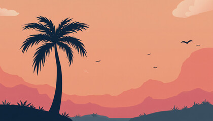 Palm Tree Silhouette with Layered Mountains and Birds