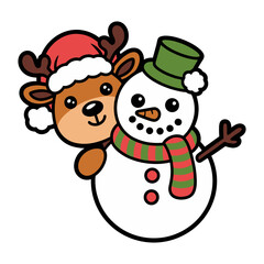 Cute Reindeer and Snowman Christmas Illustration