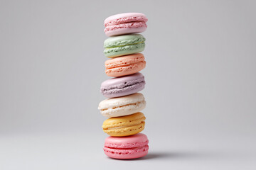 Delightful tower of colorful macarons stacked high for sweet indulgence, perfect for bakery promotions, dessert menus, and showcasing French pastry perfection