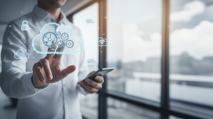 Person using phone to access cloud computing network. Suitable for technology blogs, presentations, or articles on cloud computing services.