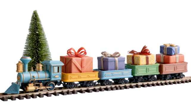 a colorful toy train with steam cars passes a green tree with gift boxes isolated on white background - Powered by Adobe