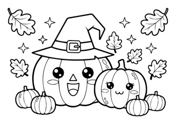 Cute Halloween pumpkin coloring page with witch hat and leaves for kids, a fun and festive activity for the holiday season
