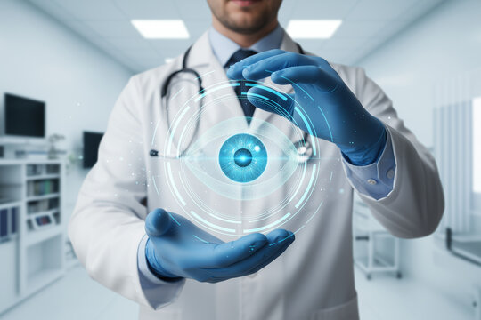 Medical professional examining digital eye image in hospital setting. Suitable for healthcare, technology, ophthalmology, doctor, and hospital concepts. - Powered by Adobe