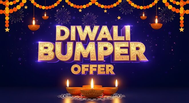Diwali bumper offer with glowing text and traditional diyas, celebrating the festival of lights with a special promotion