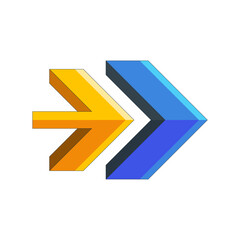 Directional Arrows Symbol Forward Motion Towards Right Side Yellow And Blue Colors With Shadow Effect Isolated On White Background