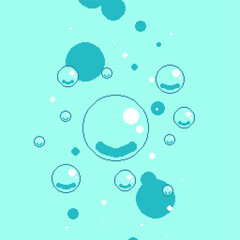 Flowing Bubbles Cluster with another silhouette of buble in behind, Pixel Art Illustration in Blue Color