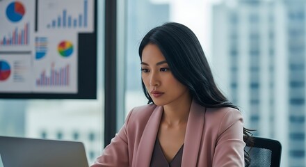 Woman works at computer in office