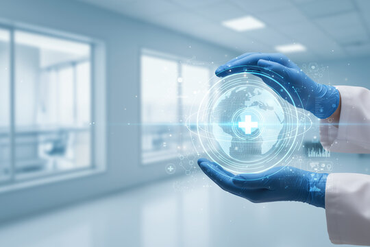 Gloved hands holding digital globe with medical cross ideal for healthcare, pandemic, technology, global health concepts, and medical illustrations.