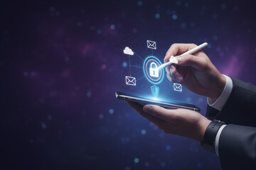 Man securing mobile device with security measures suitable for cybersecurity concepts, data protection, mobile security apps, workplace security awareness materials.