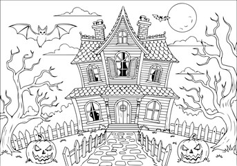Obraz premium Haunted House Halloween Coloring Page Spooky Mansion, Pumpkins, and Bats for Creative Fun