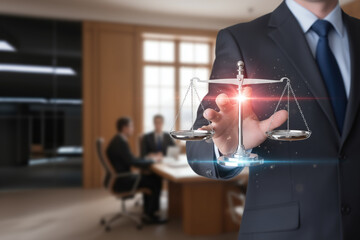 Man in a suit holds a scales of justice symbol. Ideal for legal websites, articles, and blogs, this image of a man in a suit holding a scales of justice symbol conveys professionalism and justice.