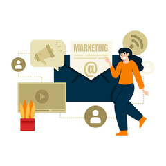 Digital Marketing Strategy Woman Pointing At Email Icon With Megaphone Video Player Icons And Wifi Signals Representing Online Promotion And Communication On Transparent Background