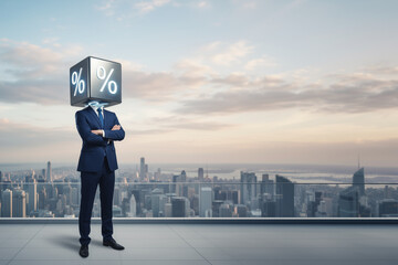 Man with a percentage cube head looming over a cityscape, ideal for finance or economy related projects.