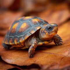 Obraz premium Adorable Eastern Box Turtle on Autumnal Leafy Ground, Close-up View.
