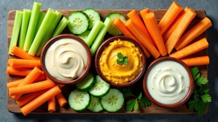 A vibrant arrangement of fresh vegetable sticks and creamy dips on a wooden board