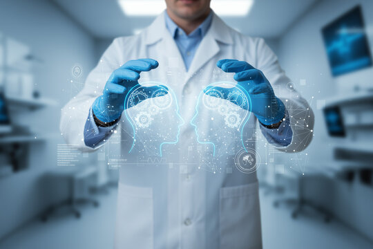 Scientist in lab interacts with visualization head gear. Perfect for tech blogs, scientific articles, educational materials, and medical presentations.