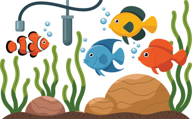 Colorful Cartoon Aquarium with Fish, Plants, and Bubbles fishes clownfish