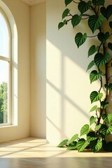 Sunlight Illuminates a Minimalist Interior with a Vibrant Climbing Plant Cascading Down a Pale Wall, Creating a Serene and Peaceful Atmosphere