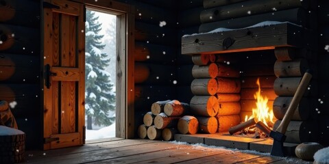 Cozy Cabin Retreat Winter Wonderland Fireplace Scene with Open Door