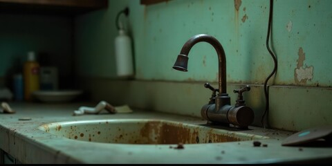 A rusty, aged faucet in a neglected, vintage sink, showing signs of time and disuse on a weathered countertop