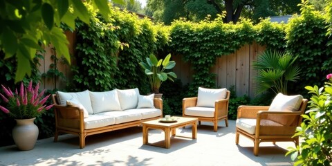 Serene Patio Furniture Arrangement in a Lush Garden Setting with Natural Light