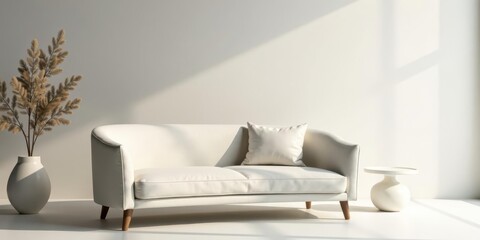 Serene Minimalist Living Room Interior Design with a Cream Sofa, Dried Floral Arrangement, and a Round Side Table in Soft Sunlight