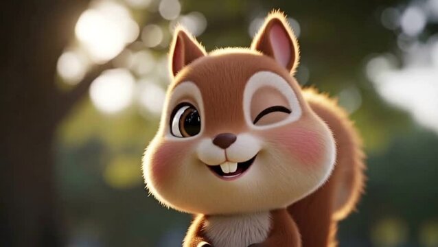 Adorable cartoon squirrel with rosy cheeks winks playfully in a bright forest setting.