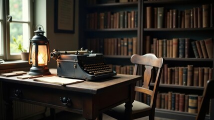 A vintage typewriter sits on a wooden desk beside a kerosene lamp, nestled within a study filled with bookshelves overflowing with antique volumes.