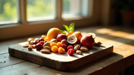Sunlit Still Life Featuring an Assortment of Fresh Fruits and Nuts on Rustic Wooden Board