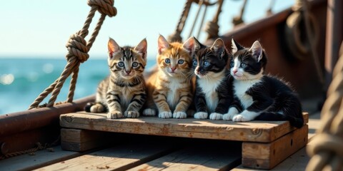 Adorable Kittens Posing on a Wooden Deck Aboard a Vessel at Sea