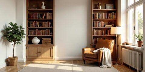 Serene Reading Nook with Wooden Bookcases and Comfortable Leather Chair